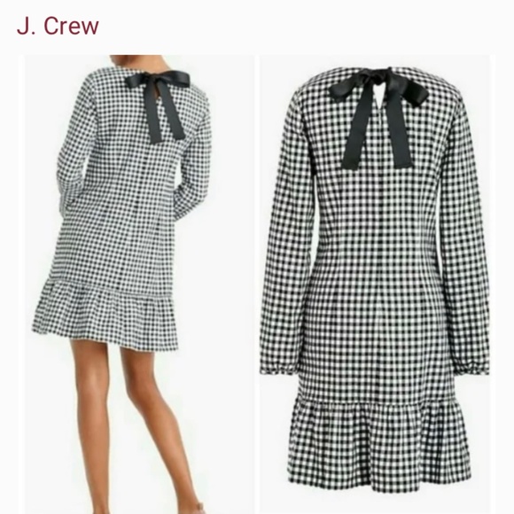 J. Crew Dresses & Skirts - J.Crew Black White Gingham Flannel Ruffle Bow Back Dress Long Sleeves Cu…